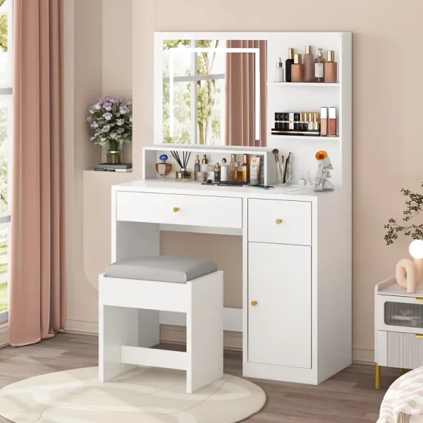 Chvans White Vanity Desk with Lighted Mirror & Charging Station, Vanity Table Set W/3 Storage Shelves, 2 Drawers, Storage Cabinet & Makeup Vanity Cushioned Stool(White - 37")