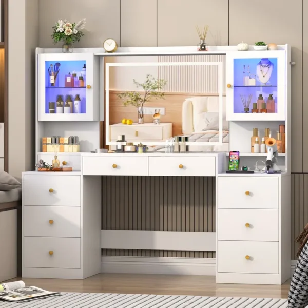 Chvans 62'' Large Vanity Desk with Tempered Glass Top, 60000 - Color LED Lights, Charging Station, White Makeup Vanity with 3 Lights Mode LED Mirror, 9 Drawers, 2 RGB Cabinets for Women, Girls Gift