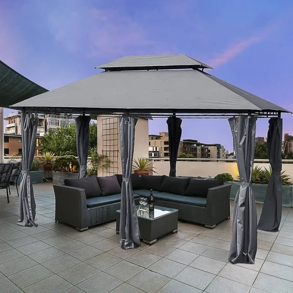 Outsunny 10' x 13' Outdoor Soft Top Gazebo with Curtains, 2-Tier Steel Frame Gazebo for Patio, Grey