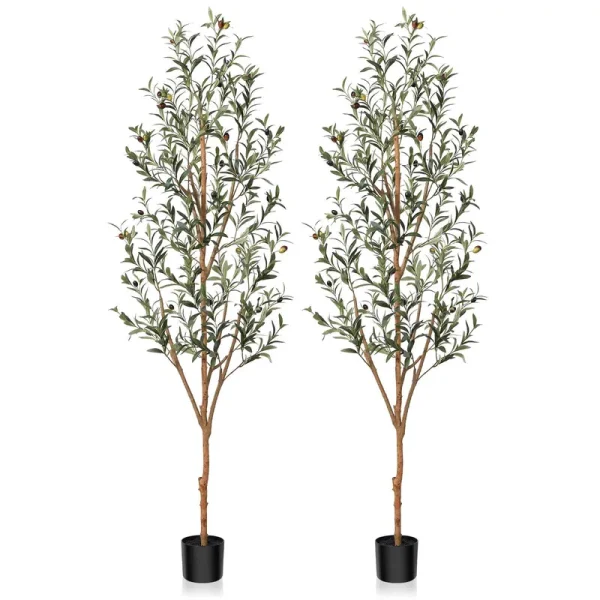 Kazeila Artificial Olive Tree 6ft Tall Faux Silk Plant for Home Office Decor Indoor Fake Potted Tree with Natural Wood Trunk and Lifelike Fruits, 2
