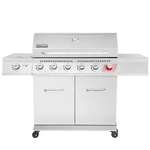 Gourmet GA6402S Stainless Steel Gas Grill. Premier 6-Burner BBQ Grill with Sear Burner and Side Burner. 74.000 BTU. Cabinet Style. Outdoor Party Grill. Silver