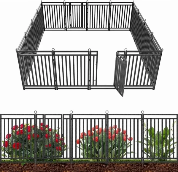 Petorldog Decorative Garden Fence Metal Dog Fence Outdoor for Yard, 36ft (L) x 40in (H), 14 Panels + 2 Gates, No Dig Fence for Patio | Black - Silver