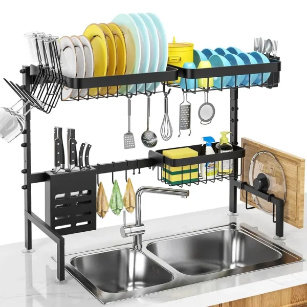 Over The Sink Dish Drying Rack, MERRYBOX 2-Tier Adjustable Length (25.6-33.5in), Stainless Steel Dish Drainer with Cutting Board Holder, Large Dish