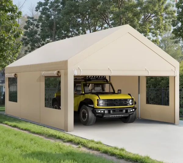 Walsunny 12x20 Ft Carport with 4 Sandbags Heavy Duty Canopy with Roll - up Windows Portable Garage with Removable Sidewalls & Doors Car Canopy Khaki