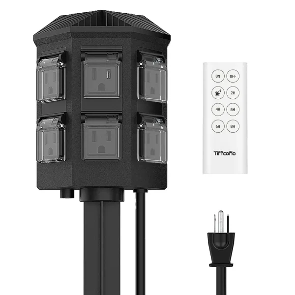 TiFFCOFiO Outdoor Power Stake Timer, 100ft Range Remote Control, Dusk to Dawn Sensor Timer Waterproof, 6ft Extension Cord, 6 Grounded Outlets for
