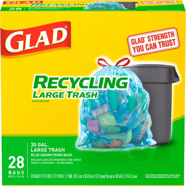 Glad Recycling Drawstring Large Trash Bags Blue 30 Gallon 28 Count