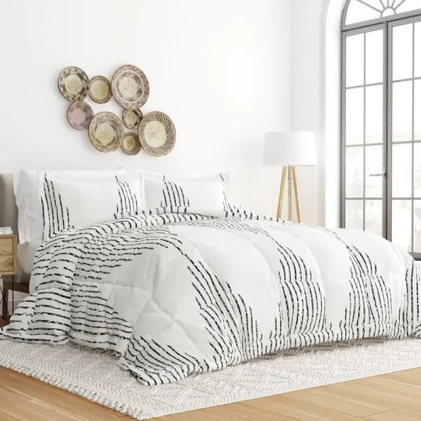 Farmhouse Reversible Superior Soft Comforter Sets, Down Alternative, Easy Care - Becky Cameron , Full/Queen, Diamond Stripe / Gray