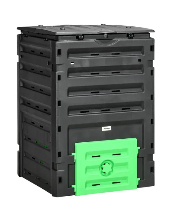Outsunny 120 Gallon Compost Bin, Large Composter with 80 Vents and 2 Sliding Doors, Lightweight & Sturdy, Black