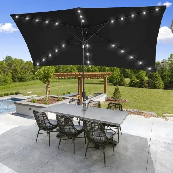 Solar LED 10 ft. x 6.5 ft. Aluminum Patio Rectangle Market Umbrella in Black with Push-Button Tilt