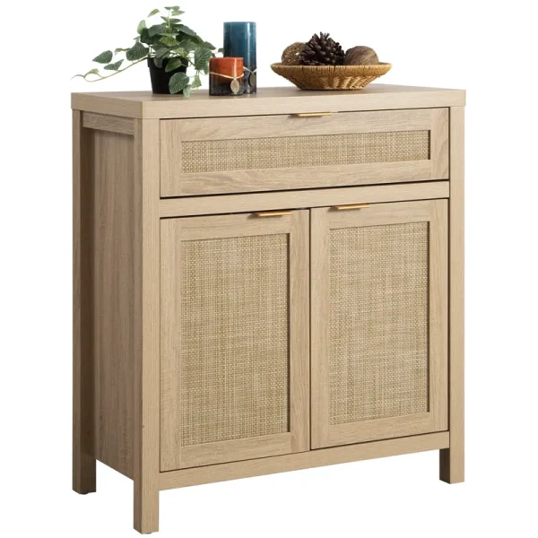 Nopurs Rattan Sideboard Buffet Cabinet, Boho Storage Cabinet Buffet Table with Doors and Drawer, Coffee Bar Cabinet for Kitchen Entryway Living Dining Room, Light Oak