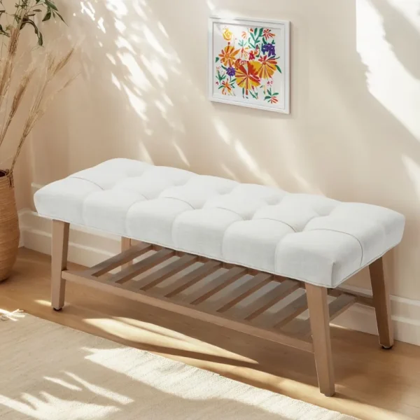 Dayalane Upholstered Storage Bench with Shoe Rack, Linen Fabric Entryway Bench for Living Room, Bedroom and Hallway, Multi Functional Ottoman with Solid Wood Shelf, Beige
