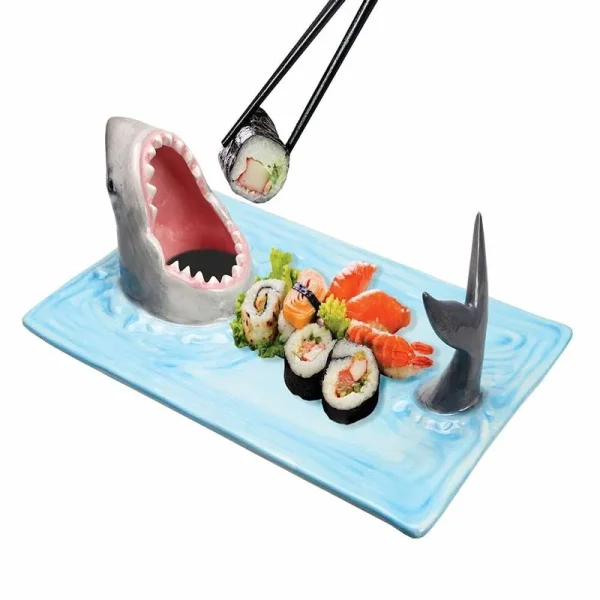 What On Earth Shark Attack Sushi Platter - Hand-Painted Ceramic Food Serving Tray with Soy Sauce Holder and Chopstick Rest