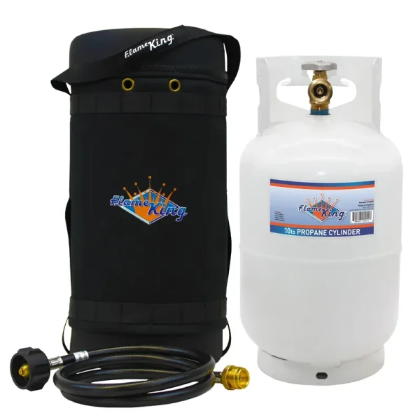 Flame King Gas Hauler Kit - Insulated Protective Carry Case, 10 lb Propane Tank and Adapter Hose for Camping and Outdoor Adventures, 10" x 18"