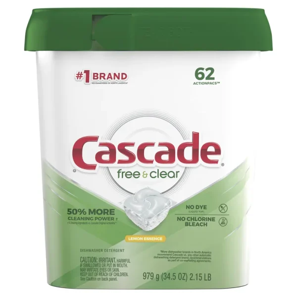 Cascade Free & Clear Dishwasher Detergent, Lemon Essence - 62 pacs, 979 g