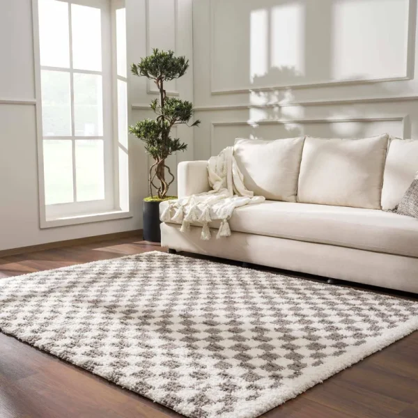 Hauteloom Kieu Checkered Shag Bedroom Living Room Area Rug - High Pile - Shaggy Plush Modern Soft Carpet - Gray, Light Grey, White - 5'3" x 7'