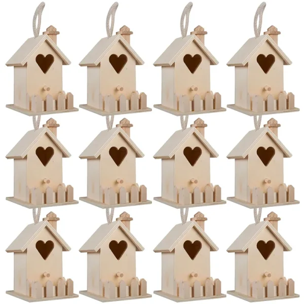 4.7" Heart & Fence Birdhouse by Make Market - Unfinished Hanging Birdhouse Made of 100% Wood, Outdoor Nesting Boxes - Bulk 12 Pack