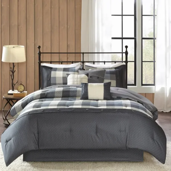 Madison Park - Ridge 7 Piece Herringbone Comforter Set - Grey - Queen