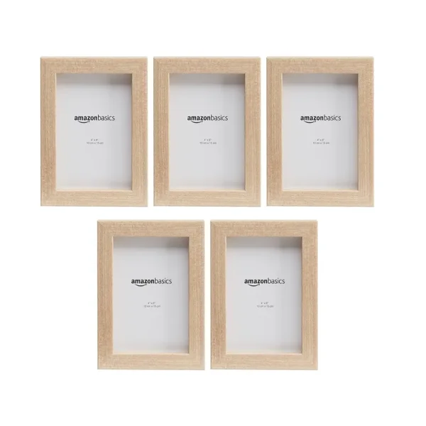 Amazon Basics Rectangular Photo Picture Frame, 4" x 6", Pack of 5, Natural, 5.2 x 7.2 Inches