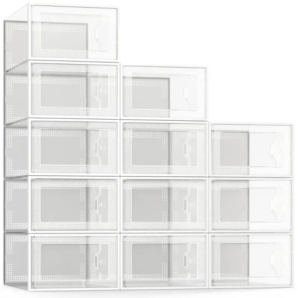 See Spring Large 12 Pack Shoe Storage Box, Clear Plastic Stackable Shoe Organizer for Closet, Space Saving Foldable Shoe Rack