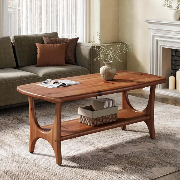 Fimind Solid Wood Coffee Table, 47.24" Mid - Century Modern Rectangle Center Table with 2 - Tier Storage Shelf for Living Room, Small Space