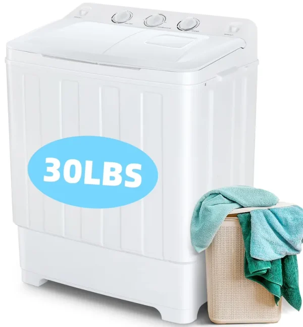 Veeboto Portable Washing Machine, 30 lb Twin Tub Mini Compact Laundry 19 lb Washer/11 lb Spinner with Drain Pump & Time Control Washer Spinner Combo, White