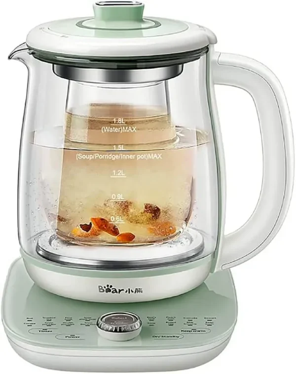 Bear YSH - C18S2 Health Pot, Electric Kettle Tea Maker with Infuser, Glass Kettle & Stew Pot, 16 Menus 1.8 L 120V, Green