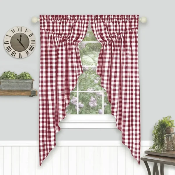Buffalo Check Gathered Swag Window Curtain Pair, 72x63 Inches Burgundy