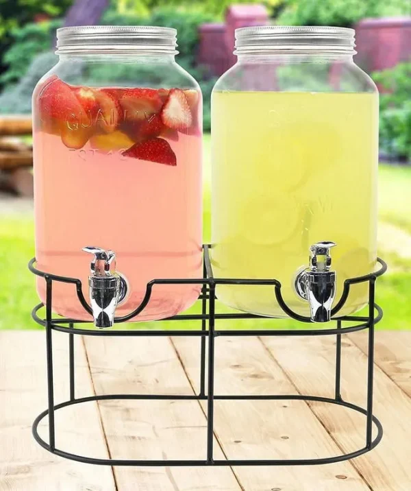 Estilo 1 Gallon Glass Mason Jar Double Beverage Drink Dispenser on Metal Stand