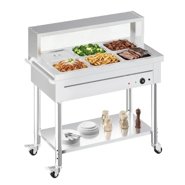 AECOJOY Commercial Food Warmer 1500W Electric Steam Table with 6x10QT Pans & Shelf