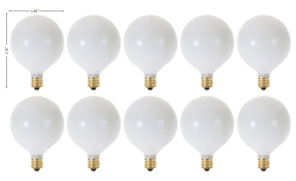Kor (Pack of 10) G16.5 White Finsh Decorative (E12) Candelabra Base Globe Shape Incandescent 120V G16 1/2 Light Bulbs (15)