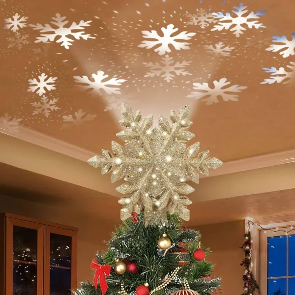 DG-Direct Christmas Tree Topper Lighted with Golden Snowflake Projector, LED Rotating Magic Snowflake, 3D Hollow Glitter Lighted Gold Snow Tree Topper