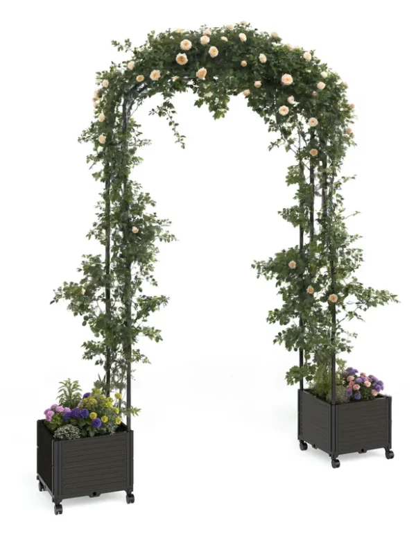 Garden Arch Arbor Trellis with Planter Boxes for Climbing Plants, Metal Frame, Garden Arch for Climbing Vines, Ceremony, Weddings, Party, Backyard, Lawn