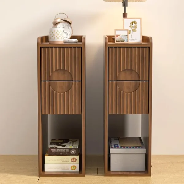 Narrow Nightstand Set of 2 with Drawers, Fluted Slim Side End Table with Storage for Small Spaces
