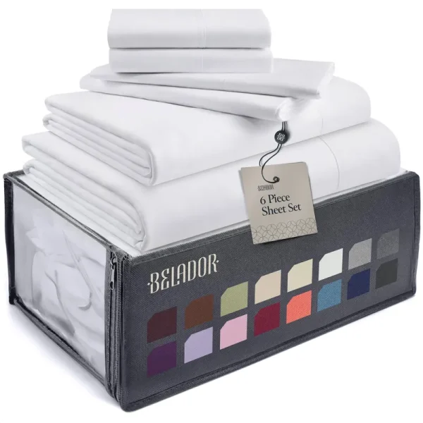 BELADOR Silky Soft Queen White Sheet Set -Luxury 6 Piece Bed Sheets for Queen Size Bed, Secure-Fit Deep Pocket Sheets with Elastic, Breathable Hotel