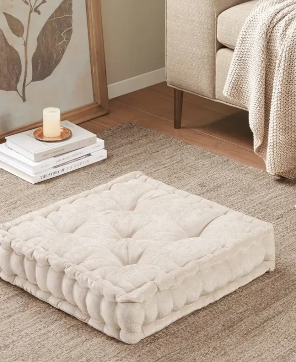Azza Poly Chenille Square Floor Pillow Cushion - Ivory - Intelligent Design