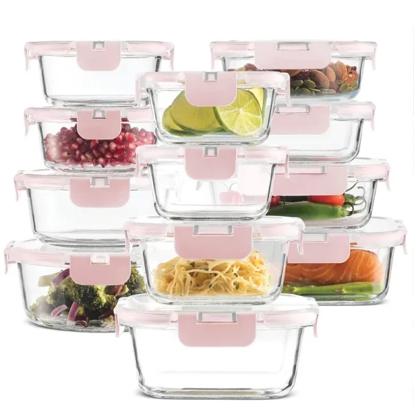 FineDine 24-Piece Superior Glass Food Storage Containers Set - Newly Innovated Hinged Locking Lids - 100% Leakproof Glass Meal-Prep Containers, Great