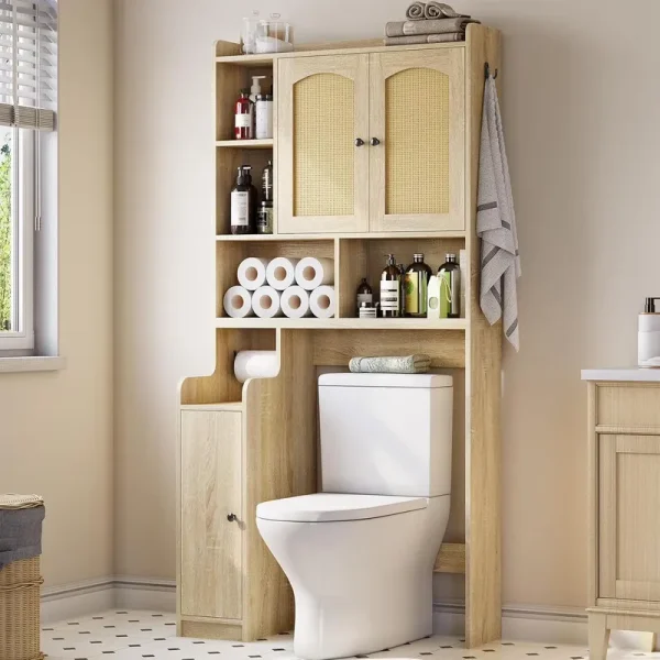 Over the Toilet Storage Cabinet with 3 Doors, Farmhouse Space Saver for Bathroom Organizer with Paper Holder, 10 Shelves and Hooks, 7 - Tier Over Washing Machine Cabinet for Laundry, Bathroom, Natural