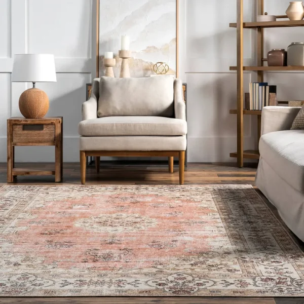 nuLOOM Ren Vintage Floral Machine Washable Area Rug, Round 8', Peach