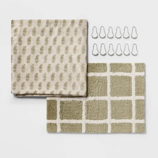 14pc Traditional Shower Curtain Set with Rug Green - Threshold