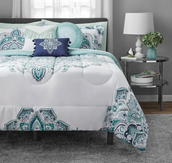 Mainstays Teal Medallion 10 Piece Bed in A Bag Comforter Set with Sheets, Full