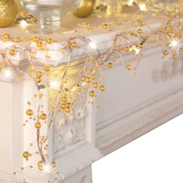 Collections Etc Indoor Christmas Decorations, Festive Lighted Berry Beaded Garland Gold- 120"L