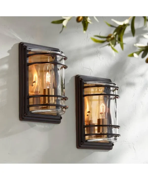John Timberland Habitat Rustic Industrial Outdoor Wall Light Fixtures Set of 2 Bronze Warm Brass 11" Clear Glass for Post Exterior Barn Deck House