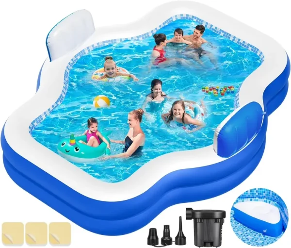 Large Inflatable Swimming Pool for Kids Adults, 121" X 90" X 22" Oversized Thickened Kiddie Pools Family Blow - up Pool with Pump Seat, Inflatable Pools for Garden, Backyard, Indoor Outdoor Water Party