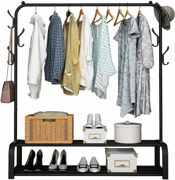 UDEAR Garment Rack Free-Standing Clothes Rack with Top Rod,Lower Storage and 6 Hooks,Black