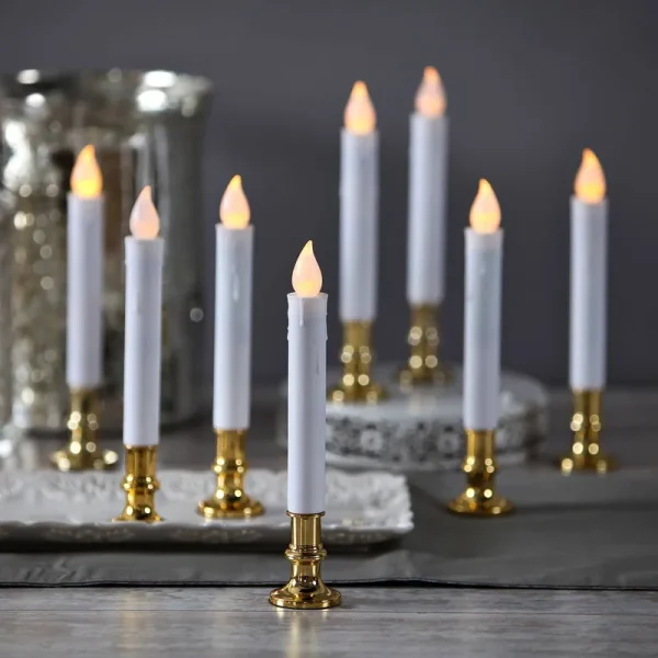 Flameless White LED Taper Candles with Gold Removable Candle Holders Remote