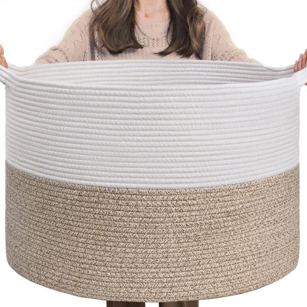 INDRESSME Large Laundry Basket, 21.7'' x 13.8'' Cotton Rope Blanket Basket Living Room Toy Baskets Storage Kids, Woven Baskets for Dirty Clothes,