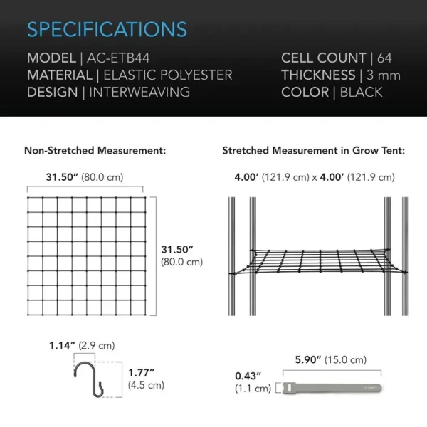 AC Infinity Grow Tent Trellis Netting - Flexible Elastic Cords - 4X4��
