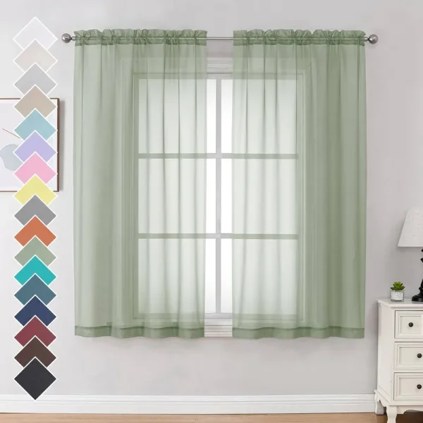 OVZME Light Green Sheer Curtains 63 inch Length 2 Panels Set for Farmhouse/Kitchen Room, Elegant Light Filtering Voile Window Treatments, Each Is