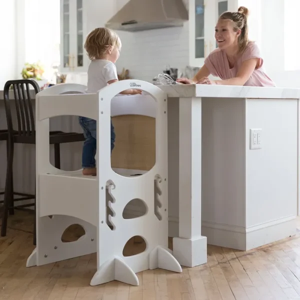 Little Partners Learning Tower Adjustable Height Kitchen Step Stool, Toddler Tower, Encourages Learning, Independence, and Engagement, Safety Climbing Tower for Kitchen Counter - Soft White