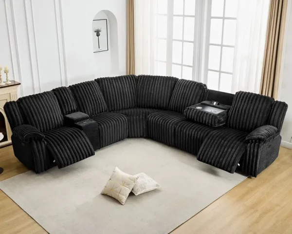 Power Reclining Sectional Sofa with Wireless Charger, 6 - Seater Faux Fur Sectional with Recliners, Hidden Cup Holders, Storage Console, USB & Type - C Ports, Black